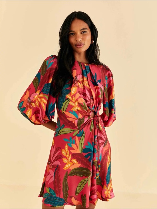 FARM Rio Dresses & Skirts - Farm Rio Red Rooster Leaves Long Sleeve Mini Dress size Medium